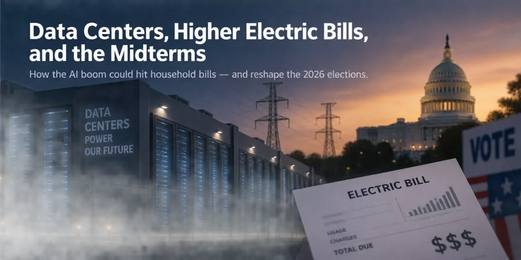 Composite illustration of a glowing blue data center with server racks, electrical transmission towers, and the U.S. Capitol at sunset; in the foreground, a paper labeled 'ELECTRIC BILL' shows rising costs alongside a 'VOTE' sign, with overlaid text about data centers, higher household bills, and the 2026 elections