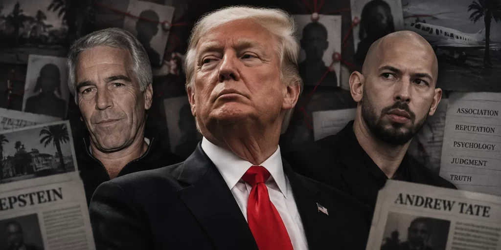 Composite illustration of three men in the foreground against a dark investigative board with red string connections, photographs, and documents; the central figure in a suit and red tie, flanked by two others in dark clothing, with background elements including a private jet, palm trees, blurred portraits, and newspaper clippings referencing 'EPSTEIN' and 'ANDREW TATE,' alongside words like 'ASSOCIATION,' 'REPUTATION,' 'PSYCHOLOGY,' 'JUDGMENT,' and 'TRUTH