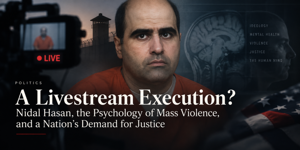 Editorial illustration of Nidal Hasan during a simulated livestream setting with prison imagery, brain scan graphics, and American flag symbolism representing the psychology of mass violence, justice, and the ethical debate surrounding a potential execution broadcast.