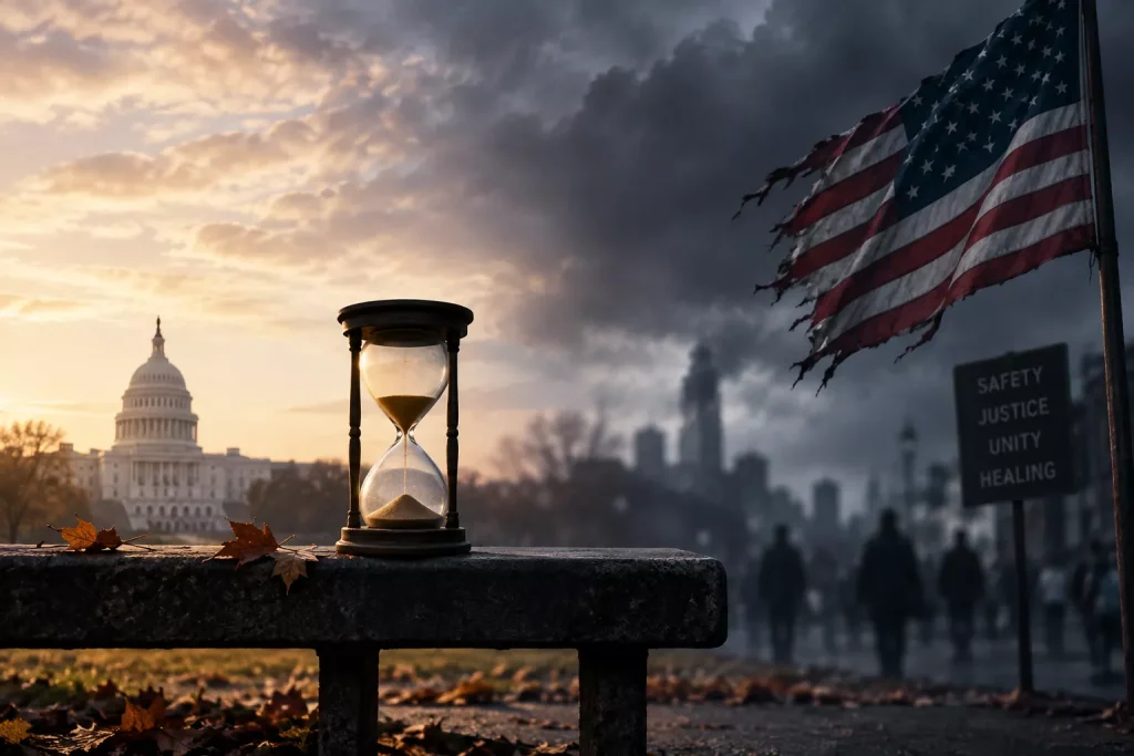Symbolic illustration of an hourglass on a stone bench with the U.S. Capitol in the background under a golden sky; a tattered American flag waves against a stormy backdrop near a sign reading 'SAFETY JUSTICE UNITY HEALING,' as silhouetted figures walk toward a distant city skyline with fallen autumn leaves scattered in the foreground