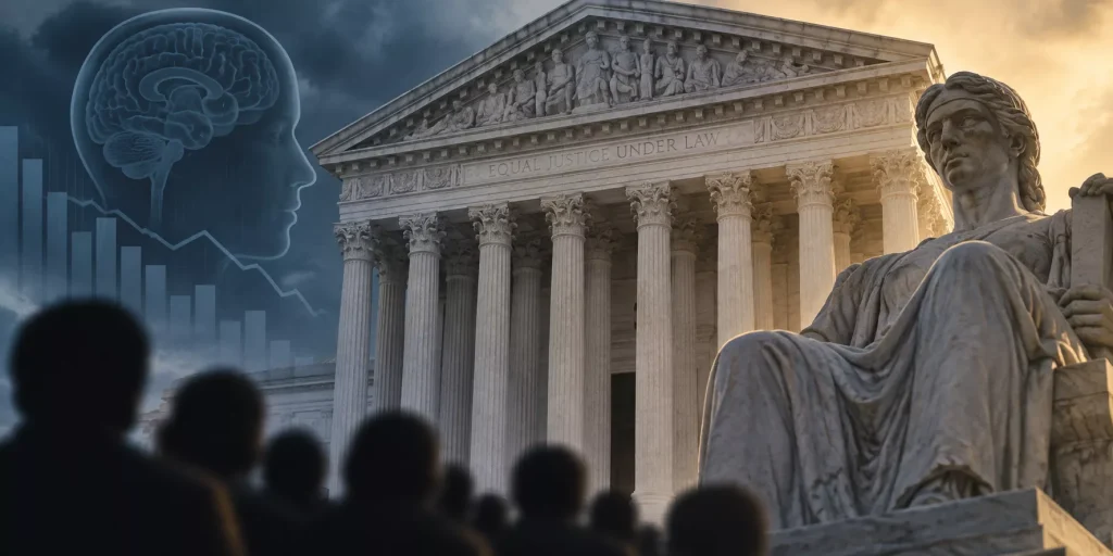 Image of the U.S. Supreme court building, with sillouettes of people on the left and a Licoln statue on the right