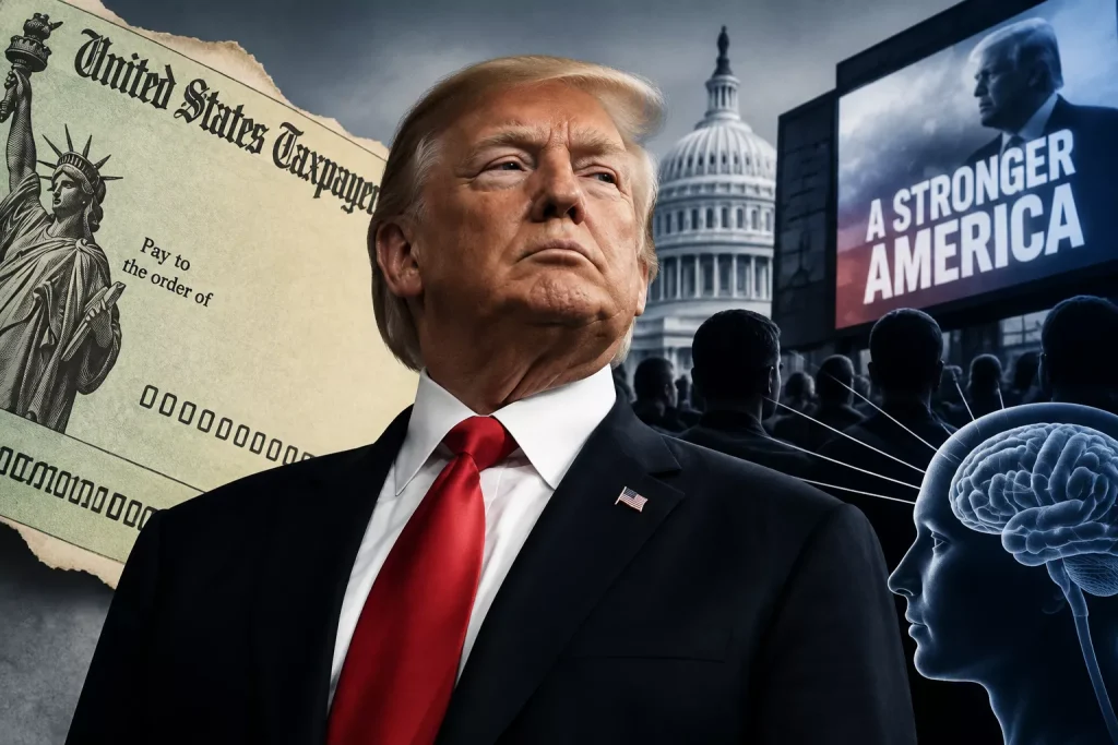 Illustration of Donald Trump in a suit and red tie, standing before a U.S. Treasury check, the Capitol building, and a crowd watching a screen with the slogan 'A STRONGER AMERICA'; a stylized human head with visible brain and connecting lines suggests ideological influence
