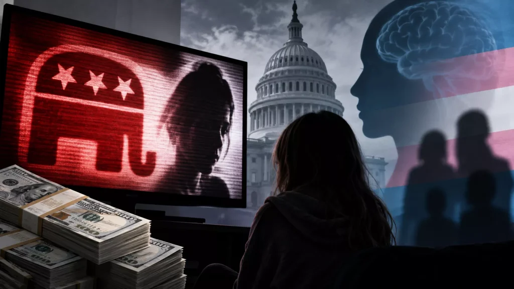 Composite illustration showing Republican political advertising, stacks of cash, the U.S. Capitol, a television screen displaying a political symbol and silhouetted figure, and a transgender flag-themed profile with a visible brain, representing the psychological and political impact of $183 million in anti-transgender campaign advertising.