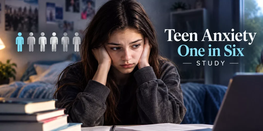 Editorial illustration of a worried teenager sitting at a desk with books and a laptop, alongside a one-in-six infographic highlighting research on adolescent anxiety and youth mental health.